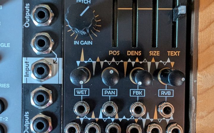 After Later Audio Monsoon Eurorack granular module patched in a rack, showing position, density, size and texture sliders with wet, pan, feedback and reverb controls