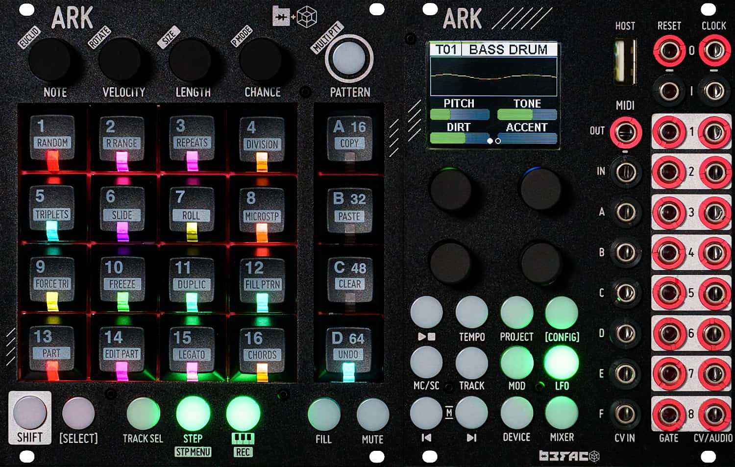 Befaco ARK in two panels: the ARK-Controller with sixteen numbered step buttons and a row of encoders above them, and the ARK-Core with its display showing a bass drum track and a column of CV, gate and CV/audio jacks.
