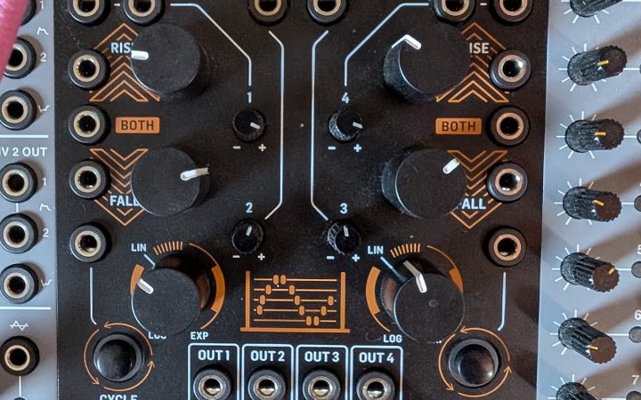 Behringer Abacus Eurorack module patched with cables in a rack, showing rise, fall, cycle, output and logic jacks