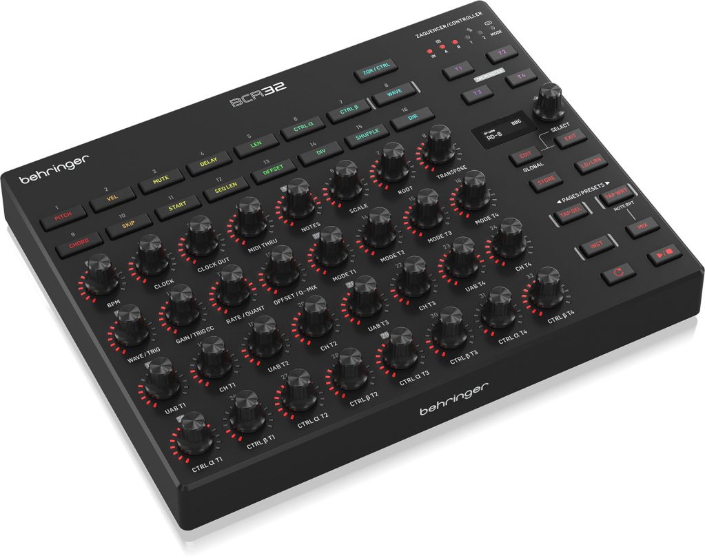 Behringer BCR32 in three-quarter view: a grid of 32 encoders with LED rings across four tracks, a row of function buttons along the top edge, and a ZAQUENCER CONTROLLER section with transport buttons and a small display at the upper right.