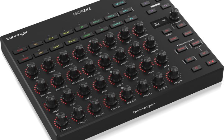 Behringer BCR32 in three-quarter view: a grid of 32 encoders with LED rings across four tracks, a row of function buttons along the top edge, and a ZAQUENCER CONTROLLER section with transport buttons and a small display at the upper right.
