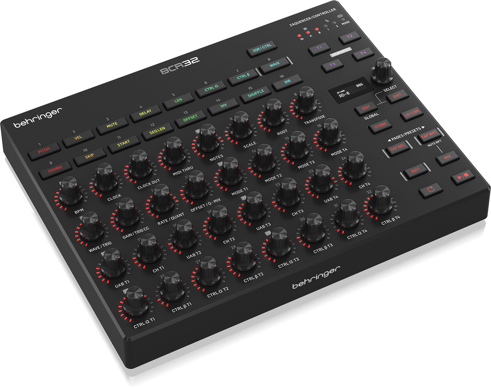 The Behringer BCR32 in three-quarter view: a grid of 32 encoders with LED rings across four tracks, a row of function buttons along the top edge, and a ZAQUENCER CONTROLLER section with transport buttons and a small display at the upper right.