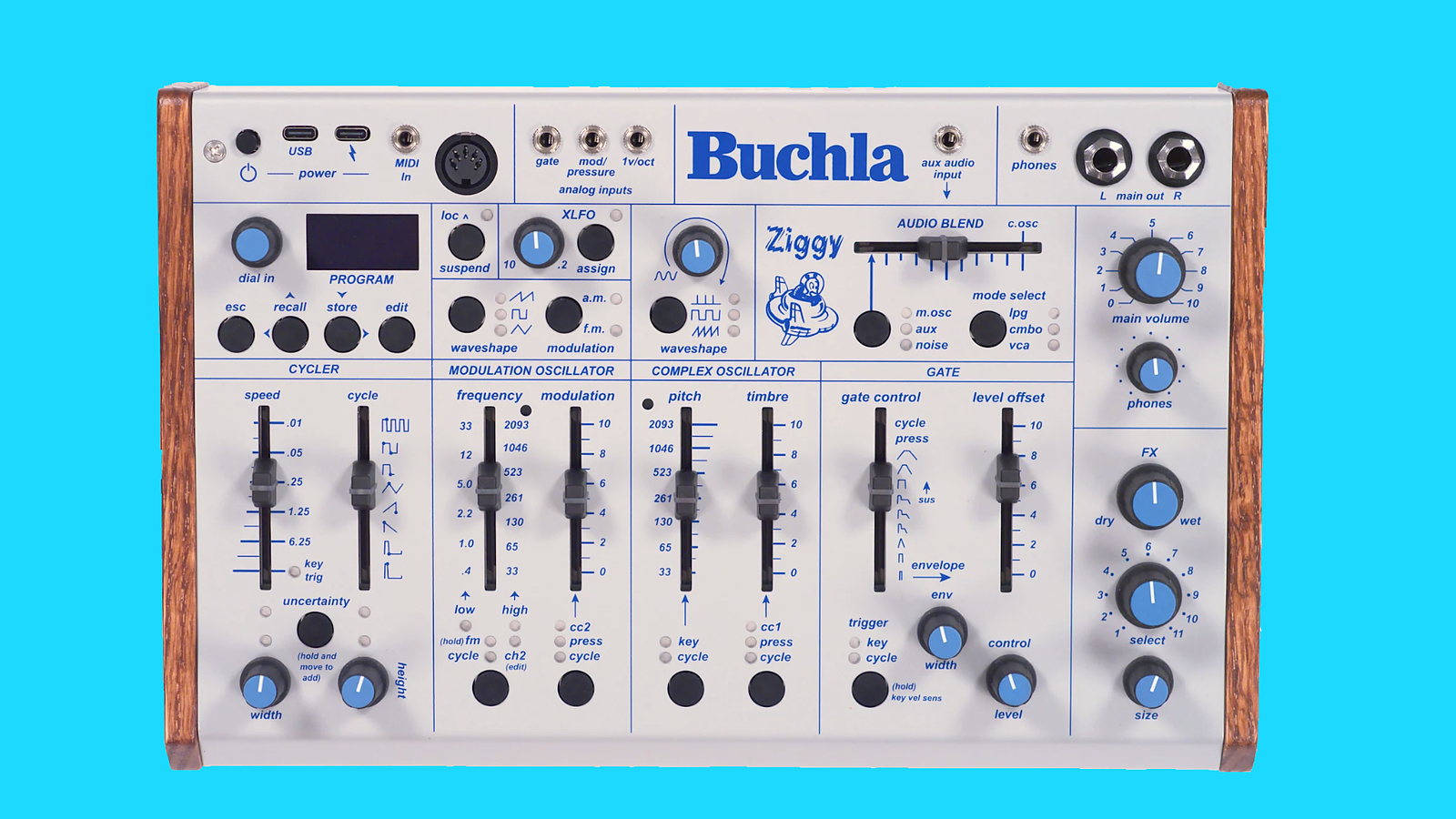 The Buchla Ziggy, a wood-sided desktop instrument with a complex oscillator, modulation oscillator, Cycler section, low-pass gate and a row of patch points along the top edge.